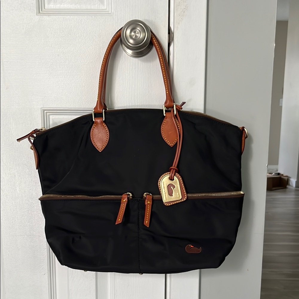 Dooney and Bourke Black Tote Bag with Brown Handles